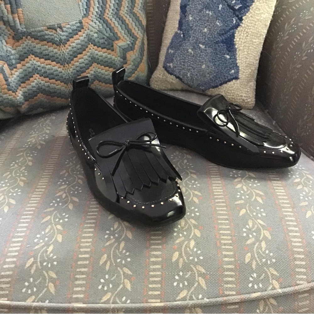 Kelsi Dagger Black Patent Leather Flats with Bow Detail
